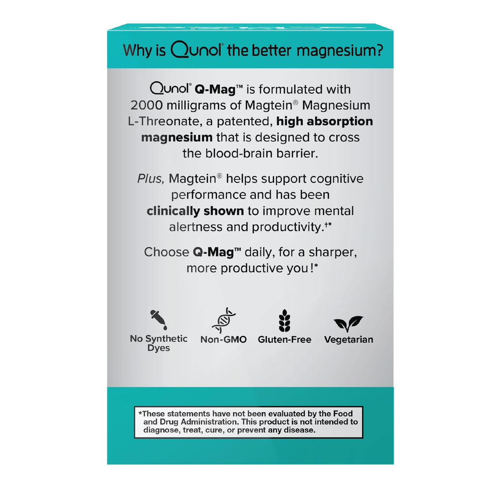 Qunol Q-Mag tablets ready-to-swallow showing easy two-tablet daily serving