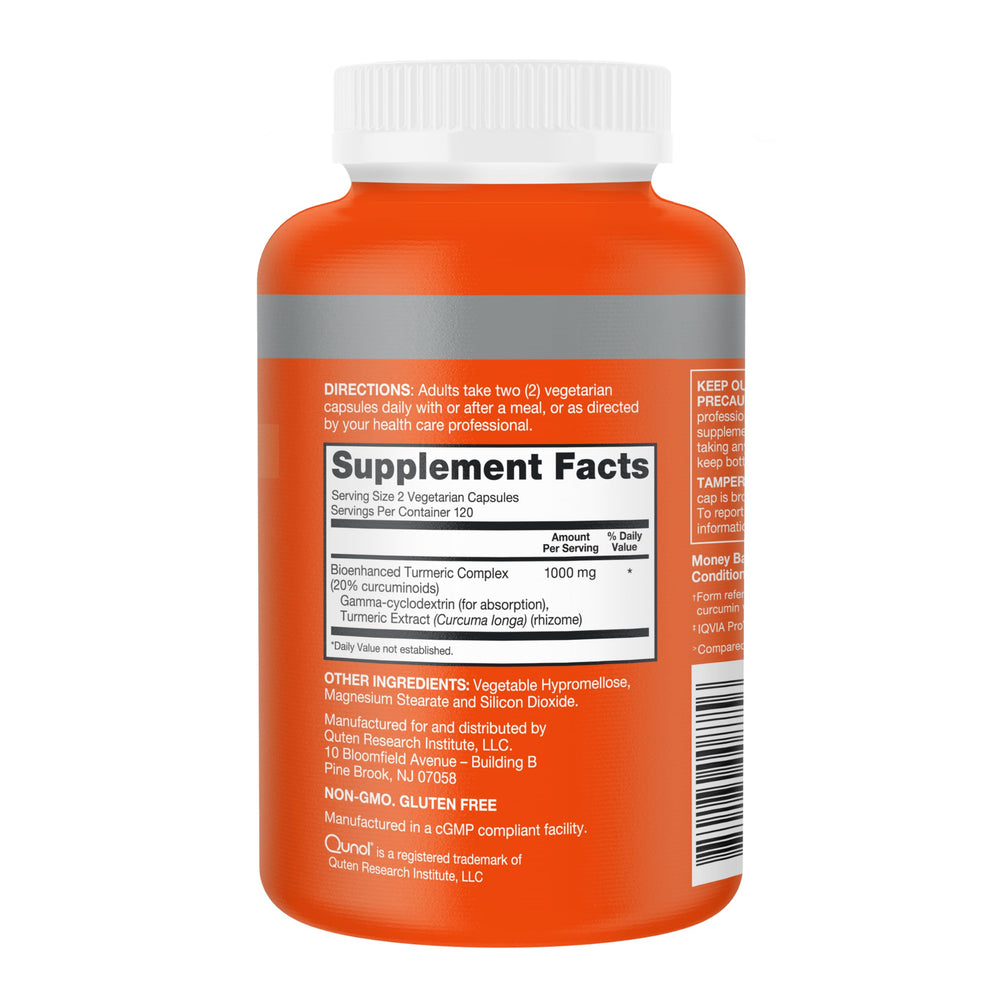 Qunol Turmeric Curcumin capsules close-up shows 1000 mg potency for inflammation care.