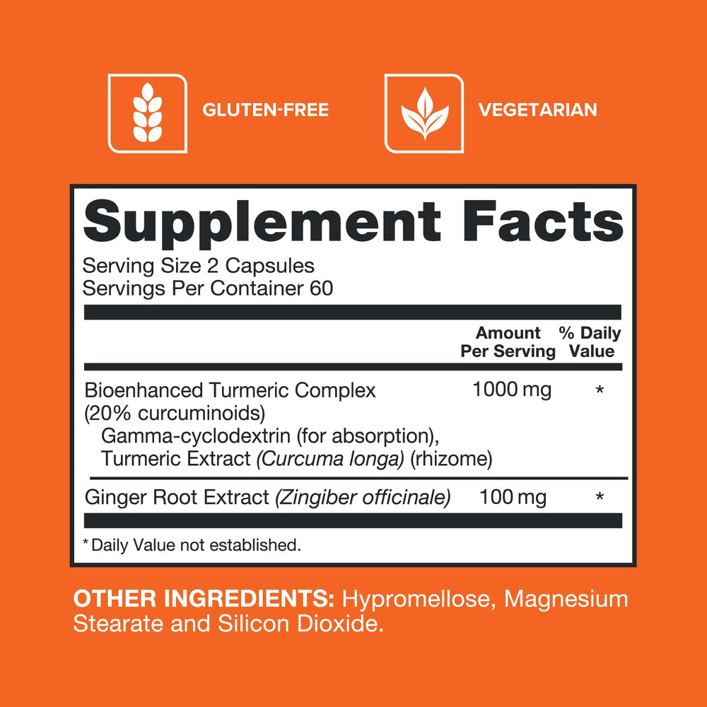 Qunol Turmeric and Ginger capsules label detail shows 1000mg turmeric and 100mg ginger