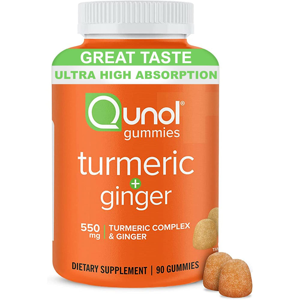 Qunol Turmeric and Ginger Gummies bottle front for easy daily use with appealing labeling.