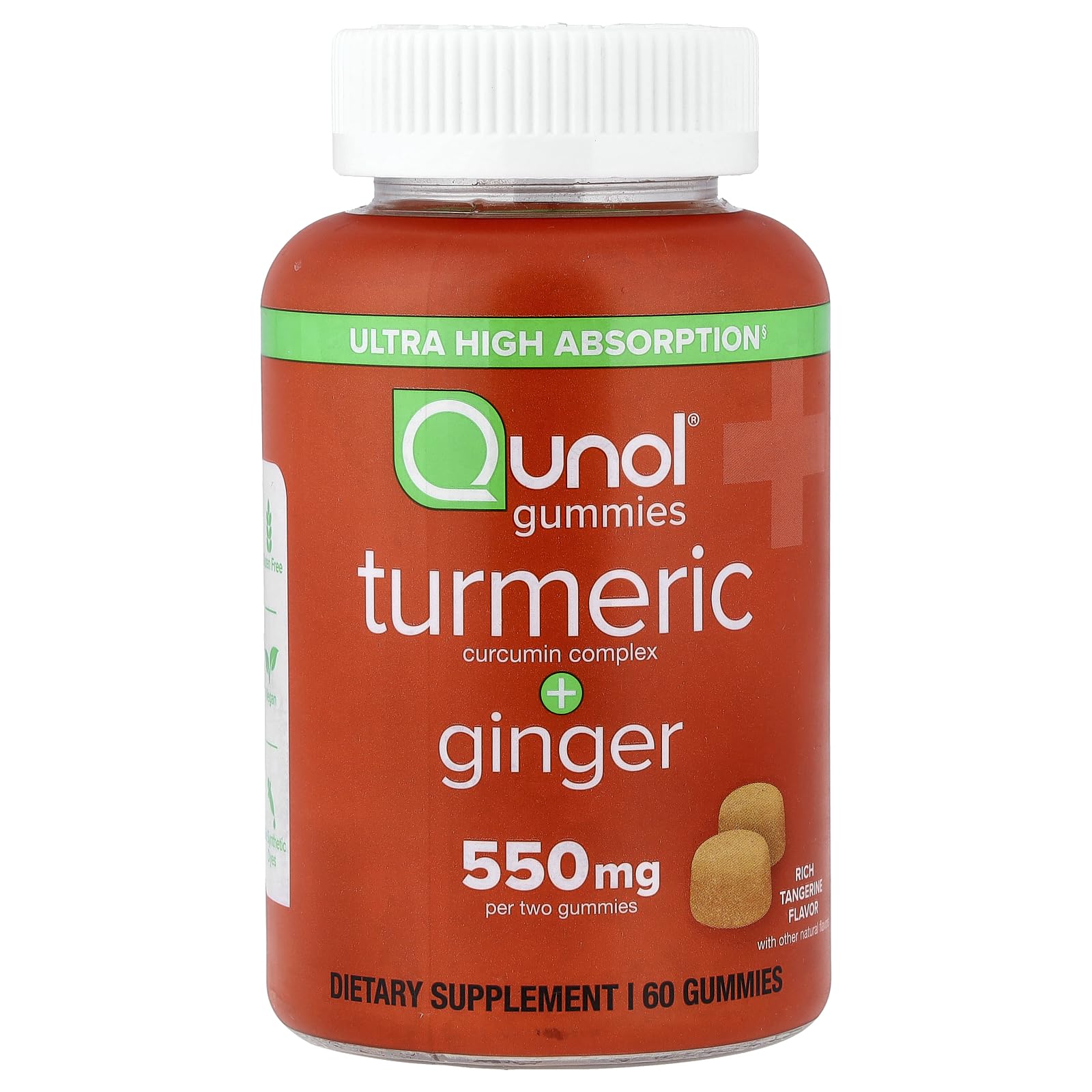 Qunol Turmeric Ginger Gummies bottle with bright orange gummies for joint support