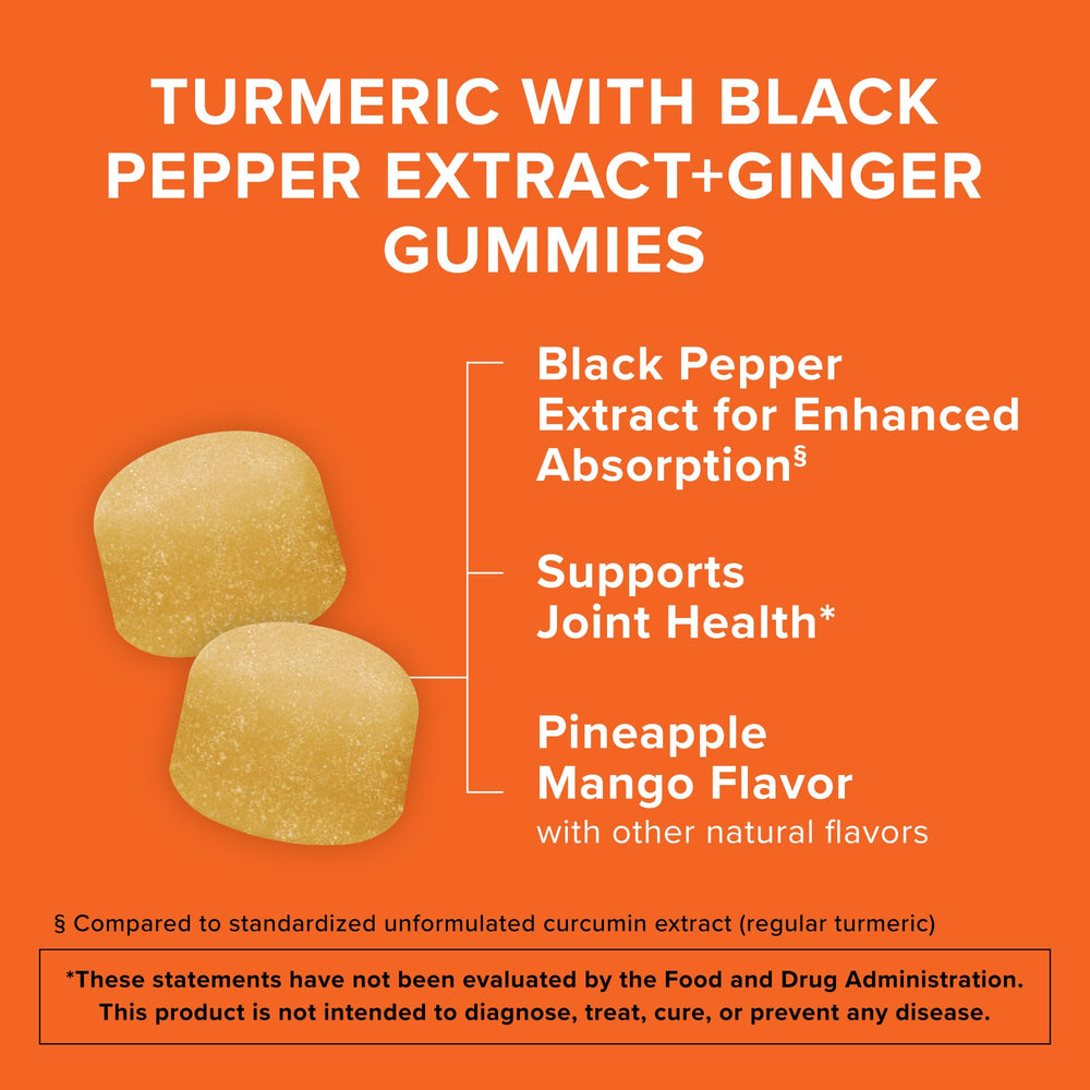 Qunol turmeric-ginger gummies highlight 95% curcuminoids for potent support.