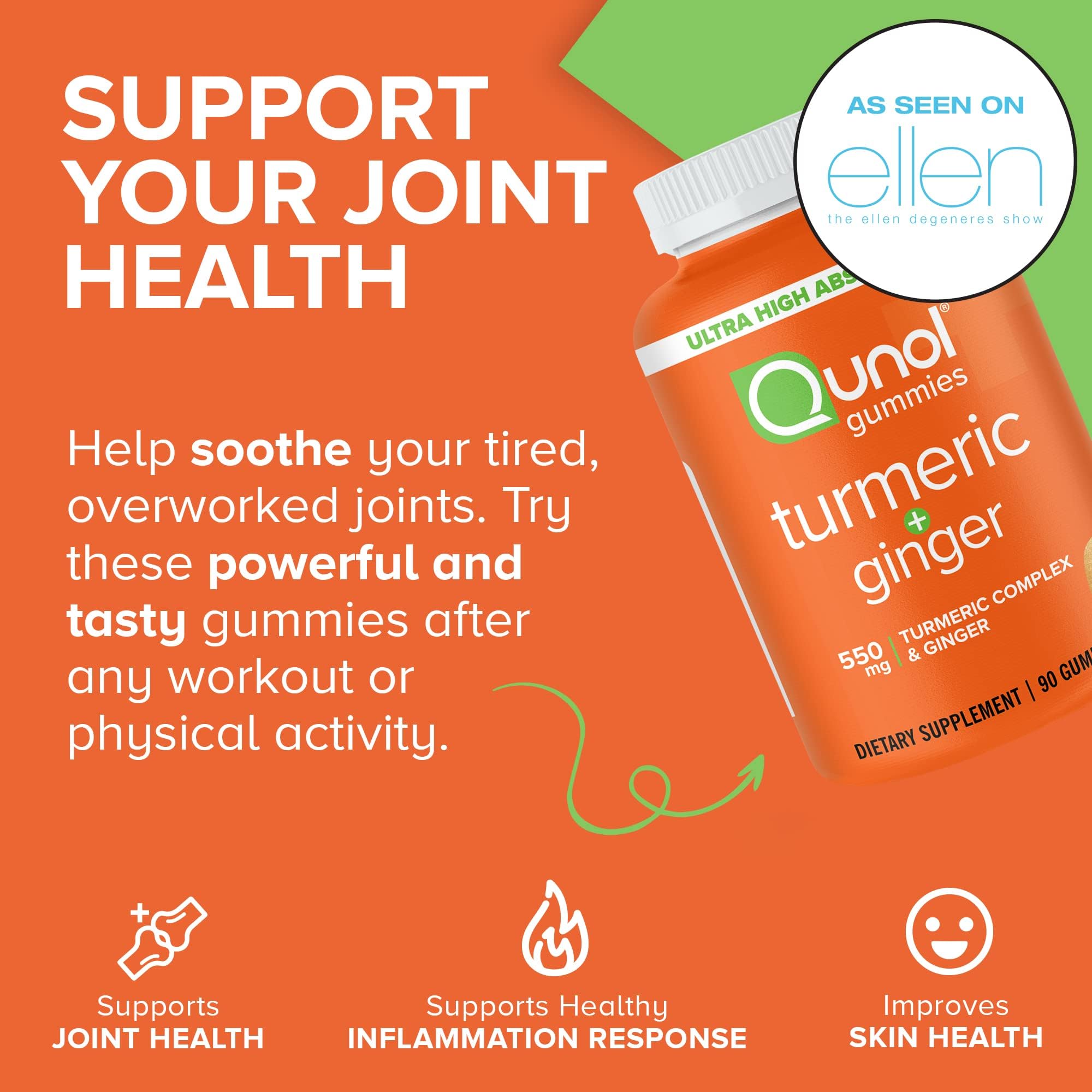 Qunol Turmeric and Ginger Gummies texture close-up captures chewy tangerine flavor for easy ingestion.