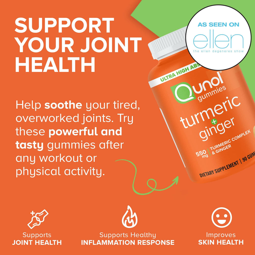 Qunol Turmeric and Ginger Gummies texture close-up captures chewy tangerine flavor for easy ingestion.