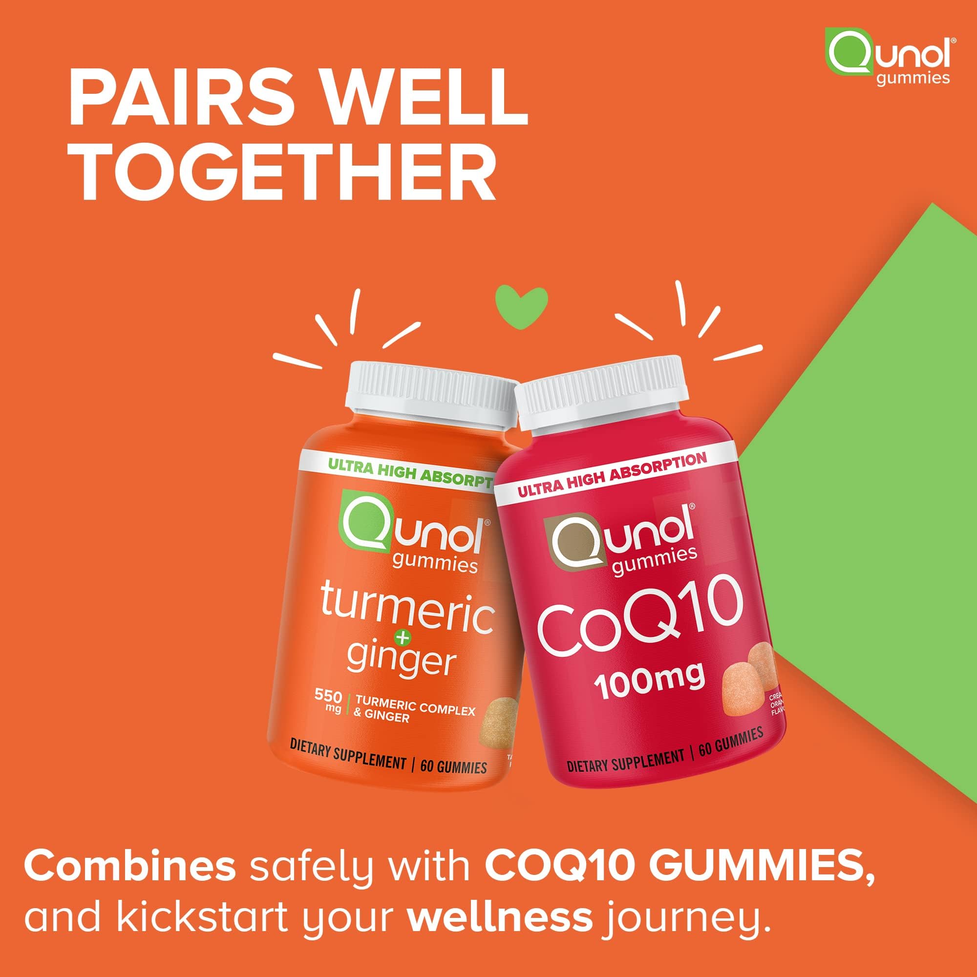 Qunol Turmeric and Ginger Gummies icons communicate allergen-free status for sensitive diets.