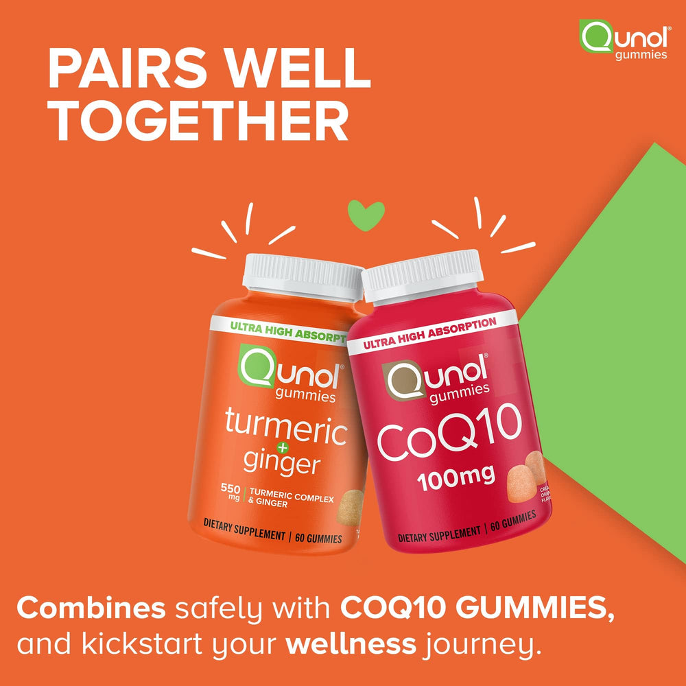 Qunol Turmeric and Ginger Gummies icons communicate allergen-free status for sensitive diets.