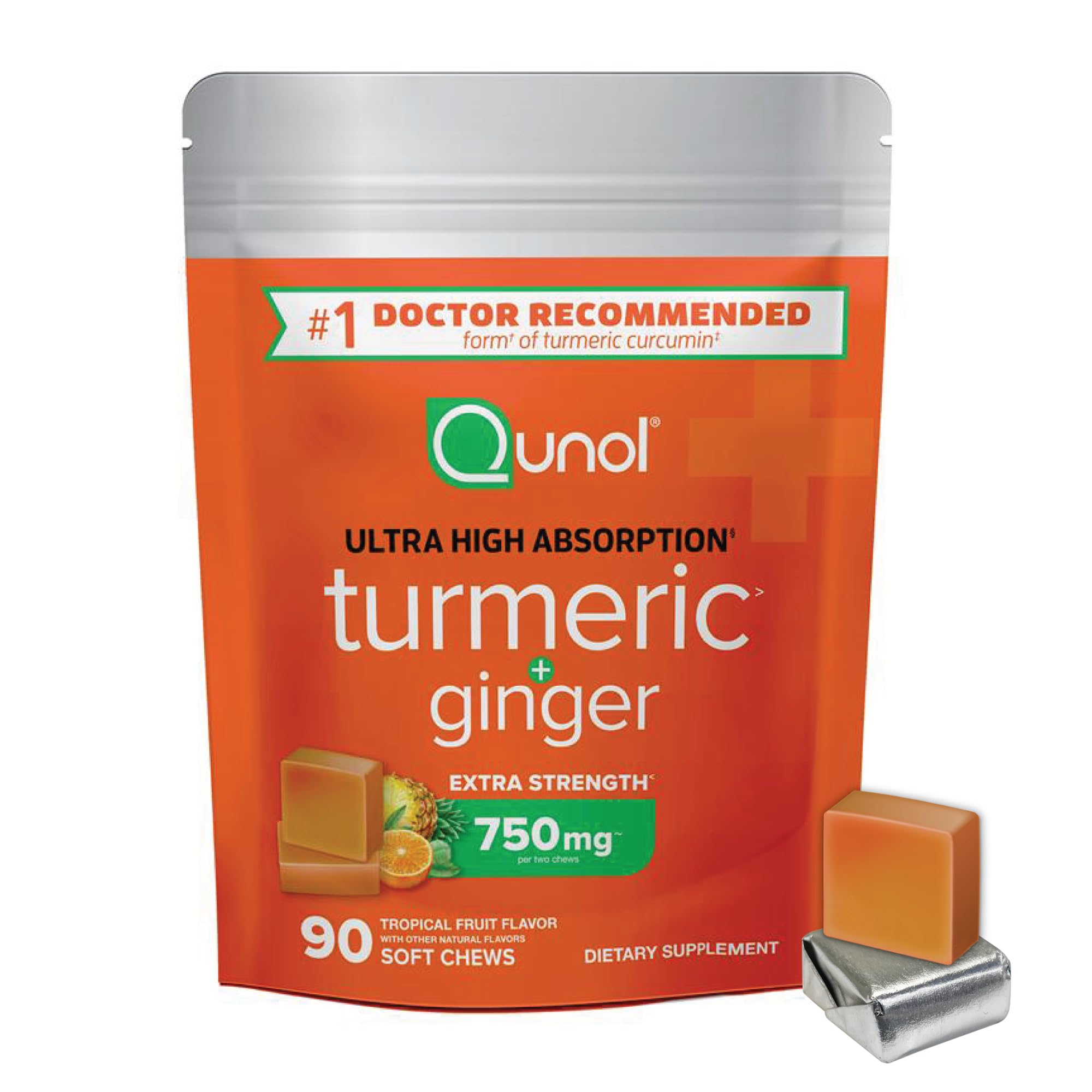 Qunol Turmeric & Ginger Soft Chews packaging shows a 90-count bottle for daily use.