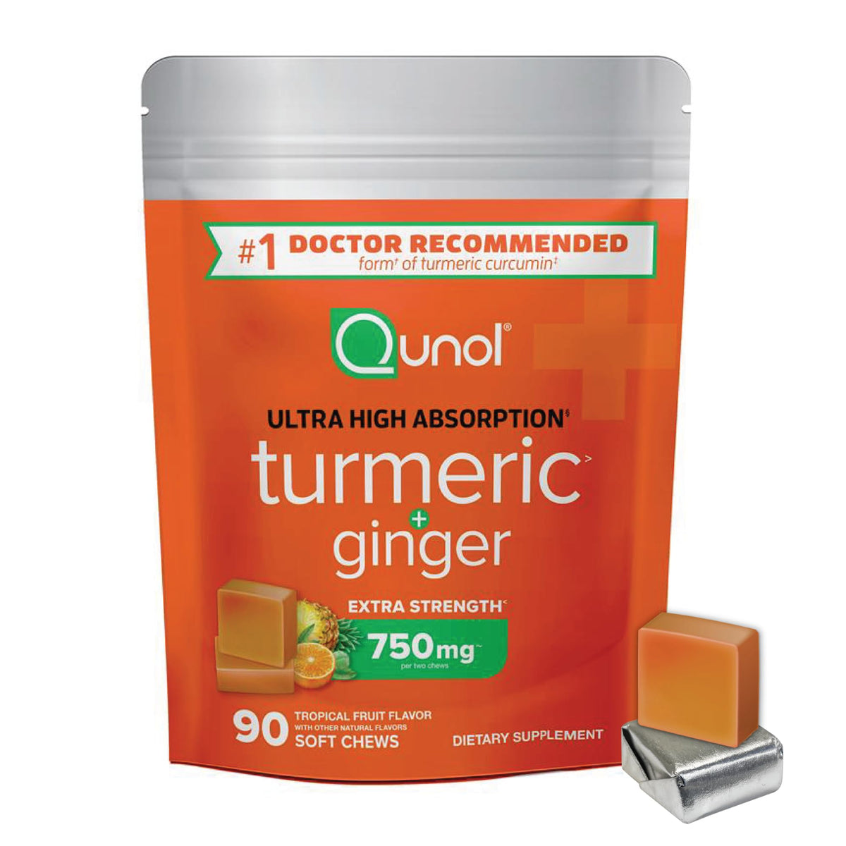Qunol Turmeric & Ginger Soft Chews packaging shows a 90-count bottle for daily use.