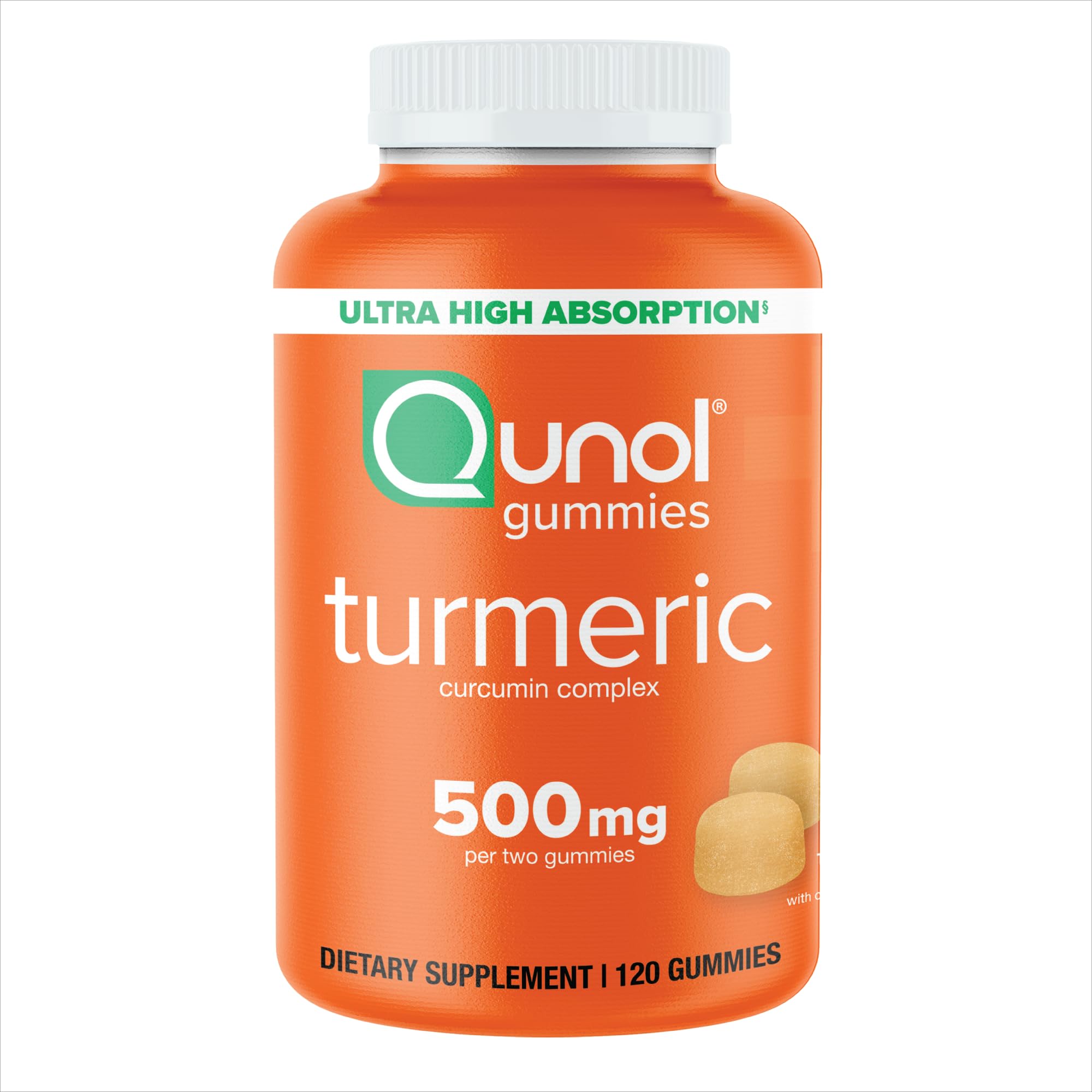 Qunol Turmeric Gummies bottle front displaying 500 mg curcumin for joint comfort.