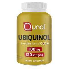 Qunol Ubiquinol 100mg bottle label showing the active CoQ10 form for energy support.