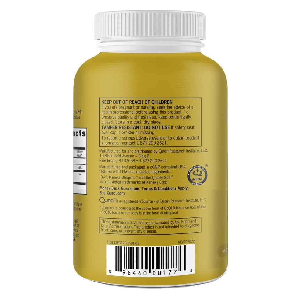 Qunol Ubiquinol bottle on wood table ready for daily use.