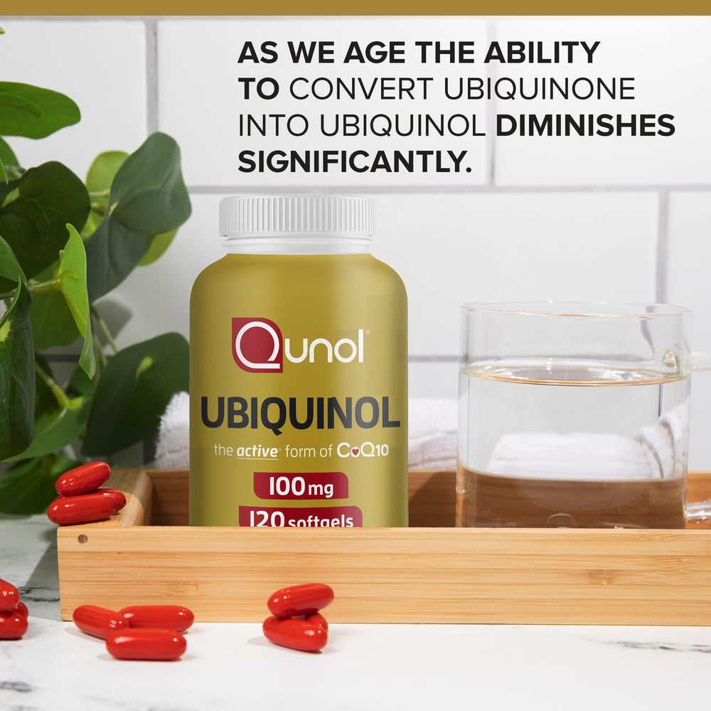 Qunol Ubiquinol bottle side view highlighting compact packaging for storage.