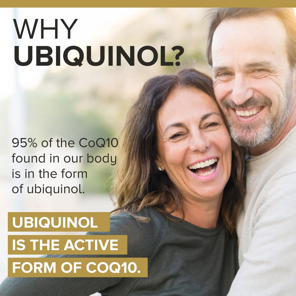 Qunol Ubiquinol capsules closeup emphasizing the antioxidant form for cellular health support.