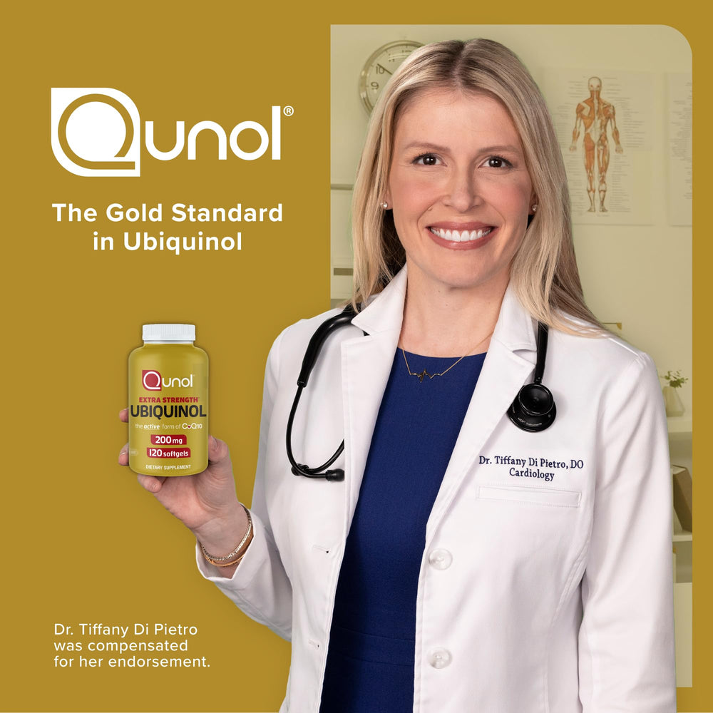 Desk setup with Qunol ubiquinol bottle for daily routine.