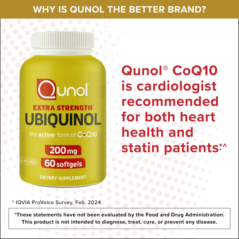 Close-up view of 200mg dosage annotation on Qunol ubiquinol packaging.
