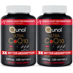 Qunol Ultra CoQ10 100mg bottle on table, supporting daily energy.