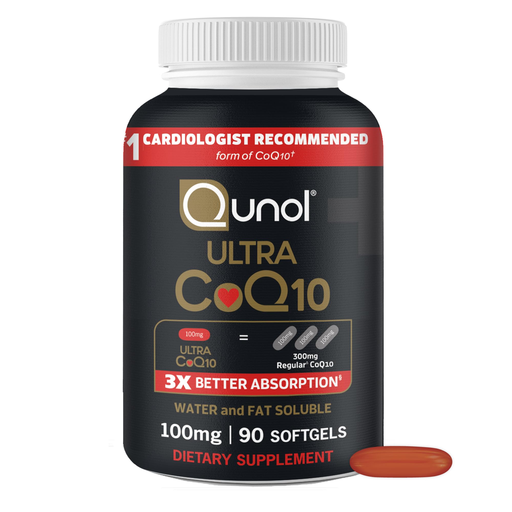 Qunol Ultra CoQ10 bottle with 100 mg softgels for better absorption