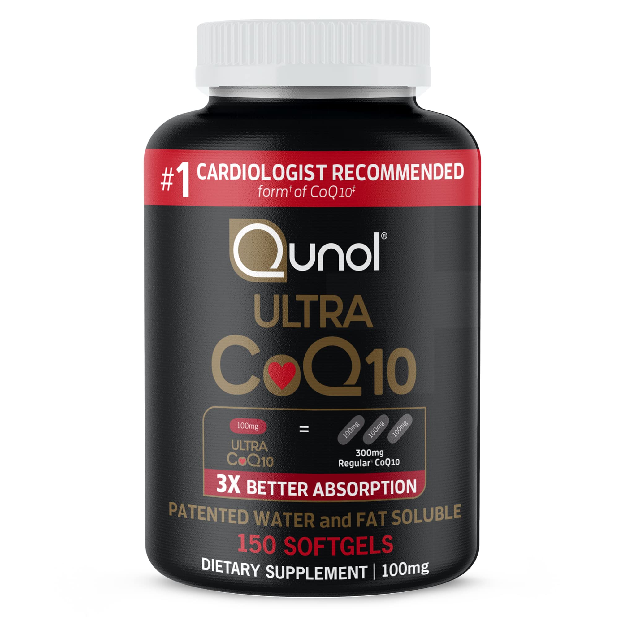 Qunol Ultra CoQ10 100mg softgels bottle showing 5-month supply for daily use.