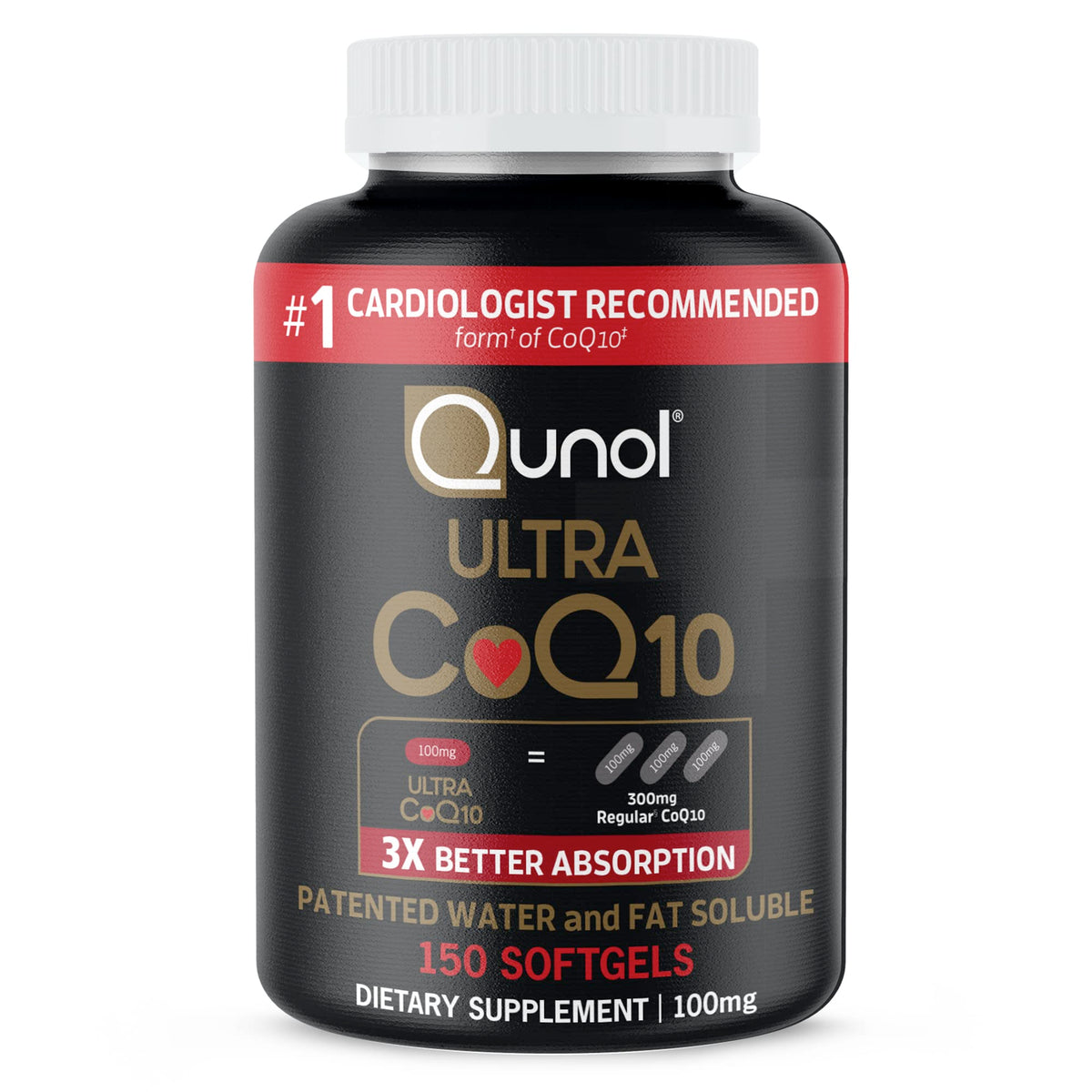 Qunol Ultra CoQ10 100mg softgels bottle showing 5-month supply for daily use.