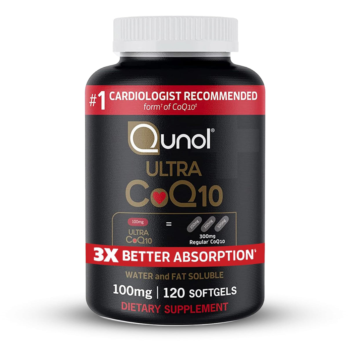 Qunol Ultra CoQ10 bottle front shows 120 softgels for daily energy support