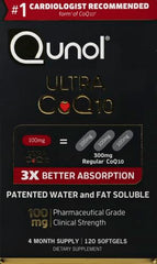Qunol Ultra CoQ10 bottle label close-up highlighting patented water and fat-soluble formula