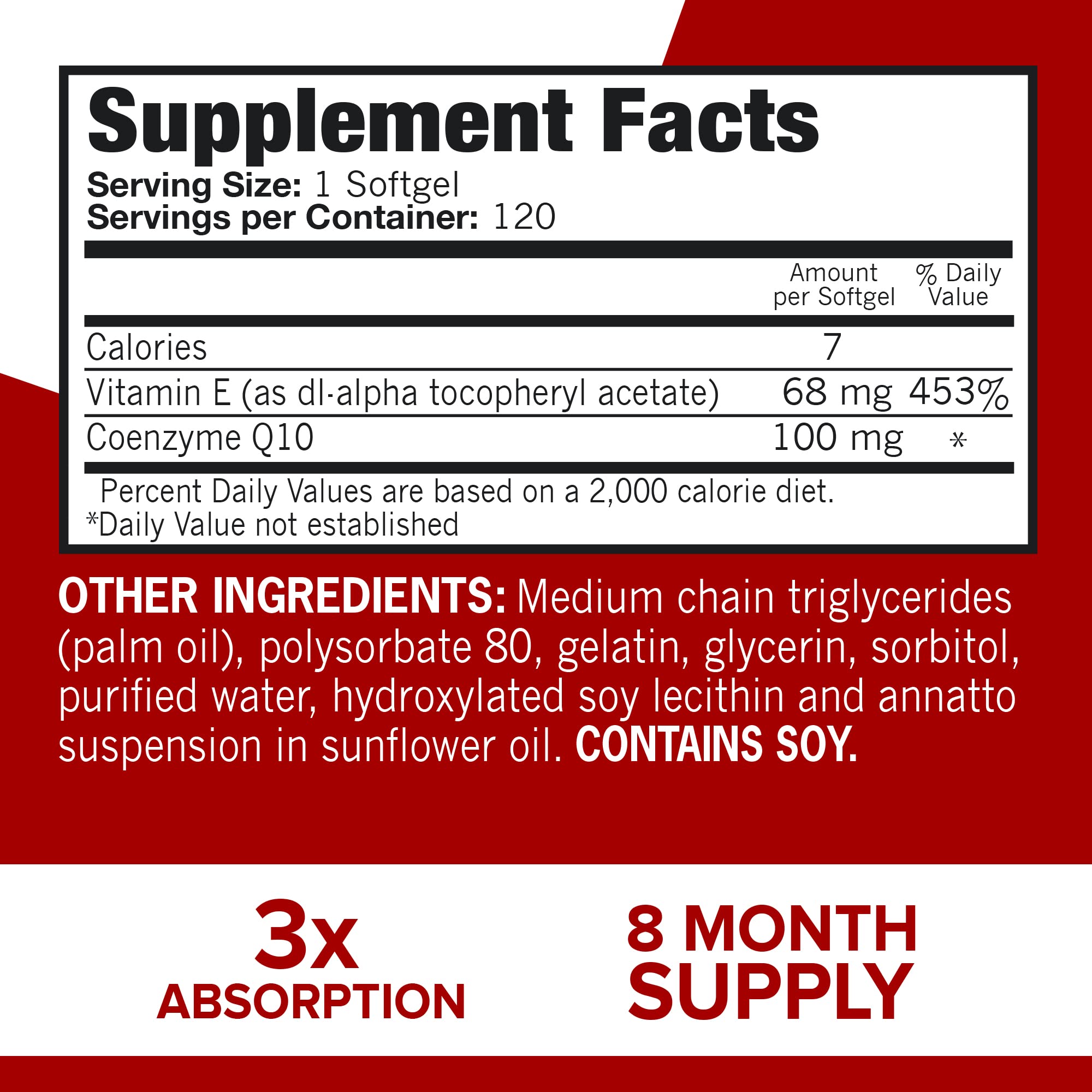 Qunol Ultra CoQ10 label detail, showcasing water and fat solubility.