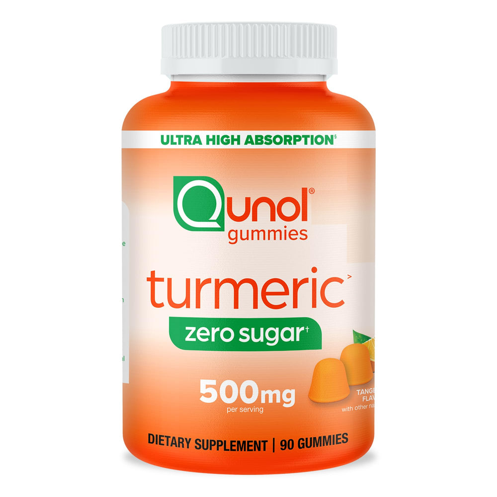 Qunol zero sugar turmeric gummies bottle shown for convenient daily use and joint support.