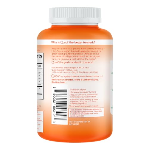 Qunol zero sugar turmeric gummies daily routine on countertop implying convenient use.