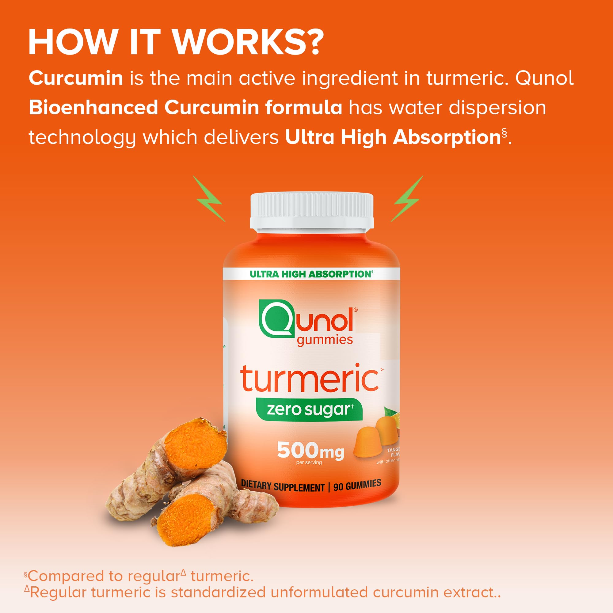 Qunol zero sugar turmeric gummies packaging shows vegan and gluten-free attributes.