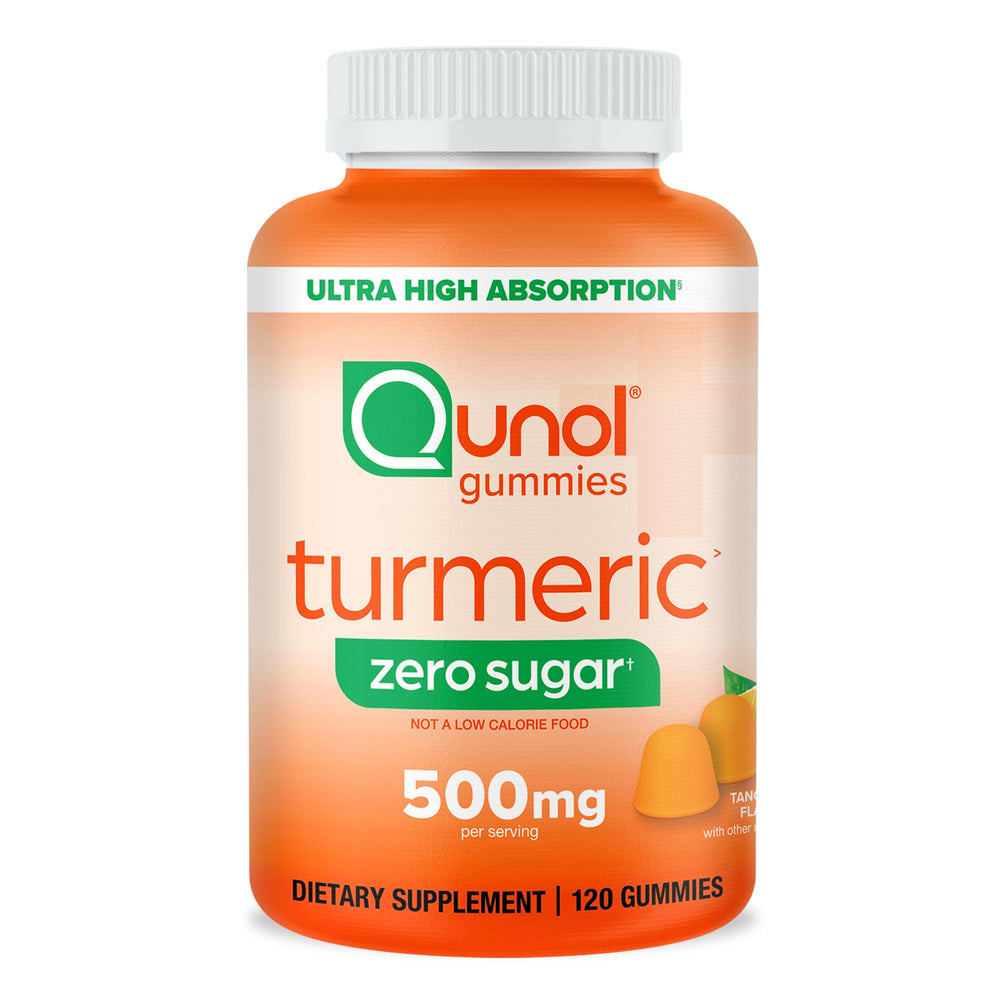 Qunol Zero Sugar Turmeric Gummies bottle showing tangy flavor for joint comfort.