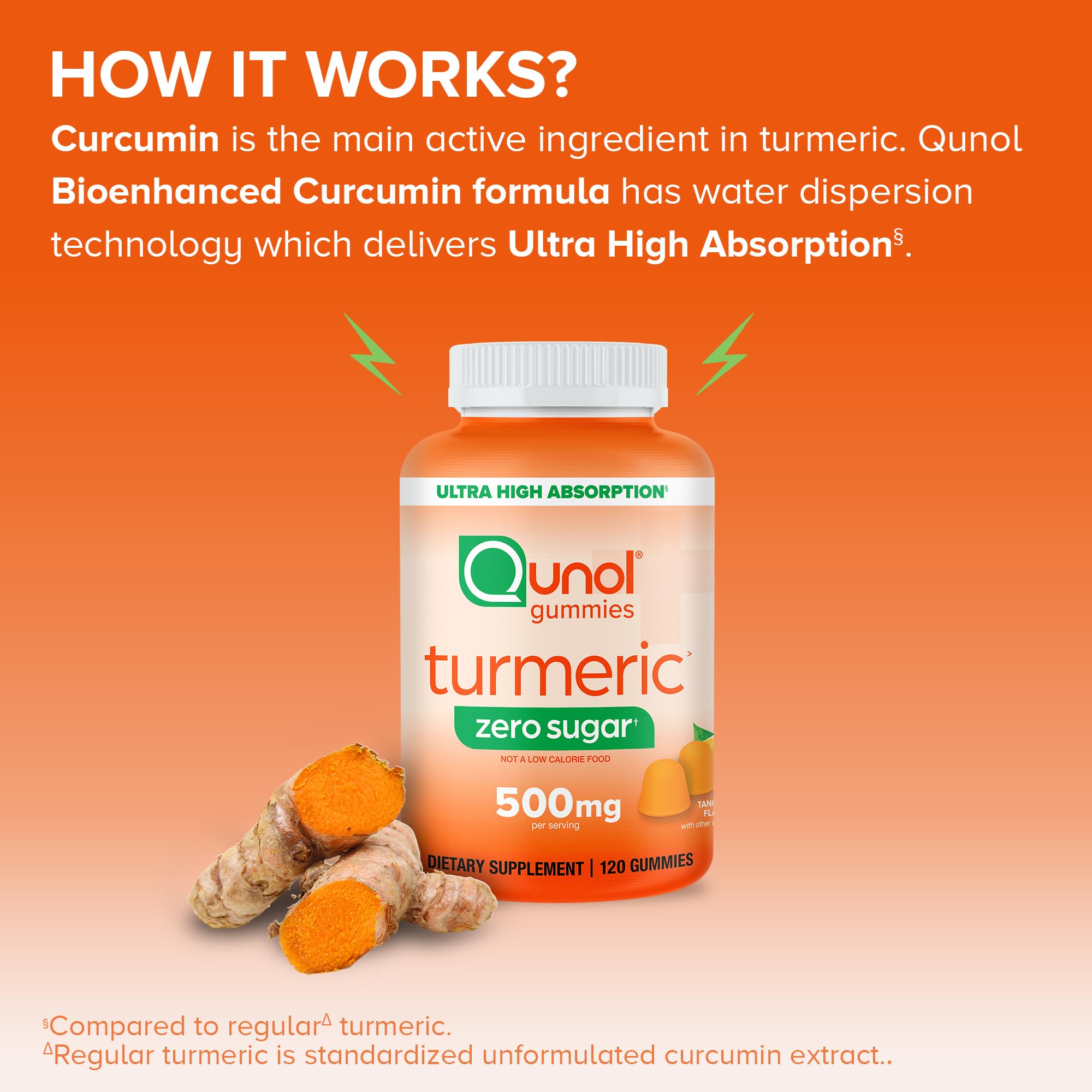 Qunol Zero Sugar turmeric gummies close view of tangy flavor for daily routine.