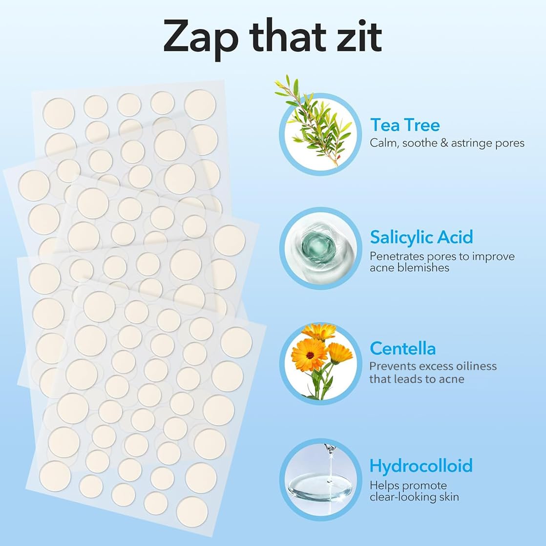 QUSTERE pimple patches with tea tree and salicylic acid for soothing action.