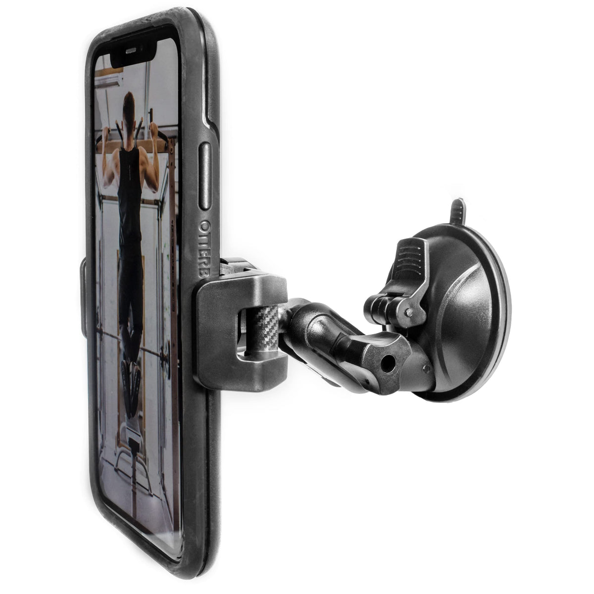 Quyee universal mirror shower phone holder using suction mount for hands-free viewing.
