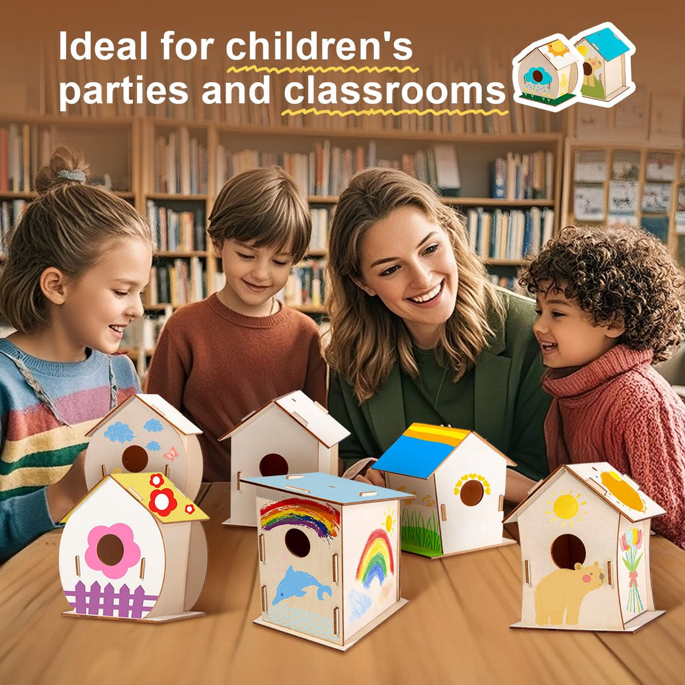QUYSK kids painting birdhouses during a colorful arts and crafts session