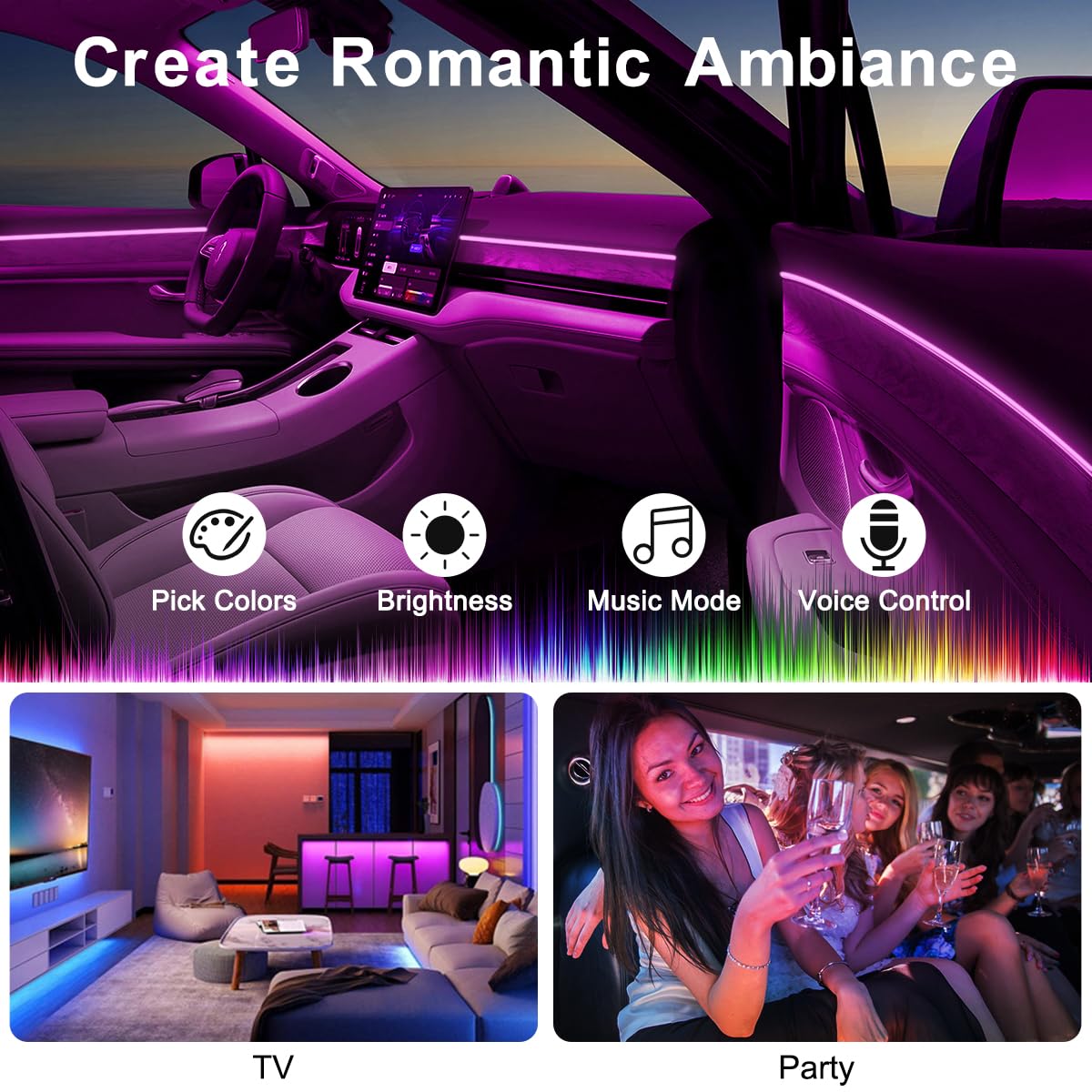 QVEVDACAR flexible gap installation creates tidy, romantic atmosphere in cars, trucks, or SUVs.