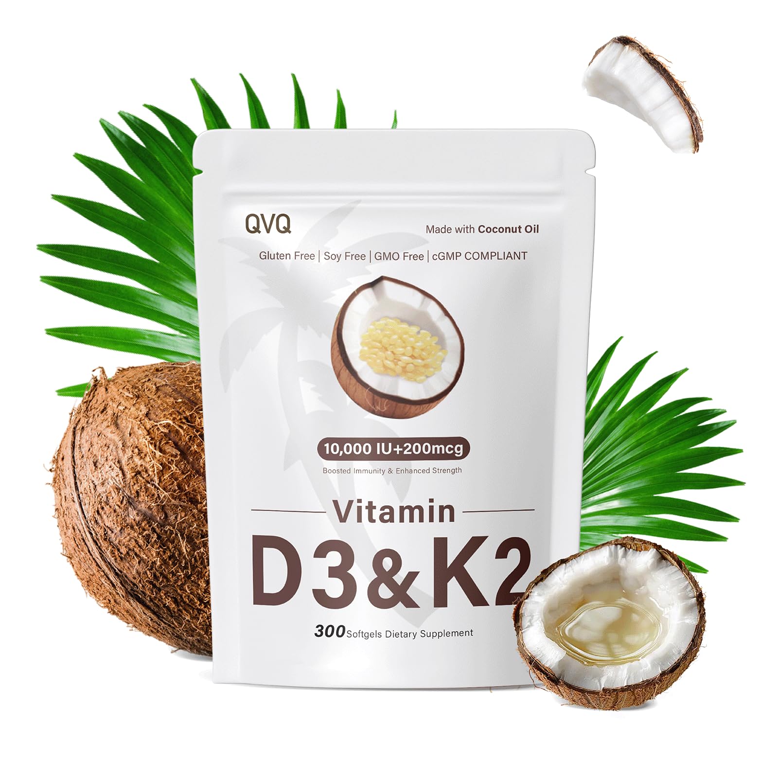 QVQ 2 in 1 D3 K2 softgels bottle close-up supports fat-soluble vitamin absorption.