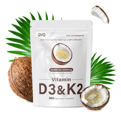 QVQ 2 in 1 D3 K2 softgels bottle close-up supports fat-soluble vitamin absorption.