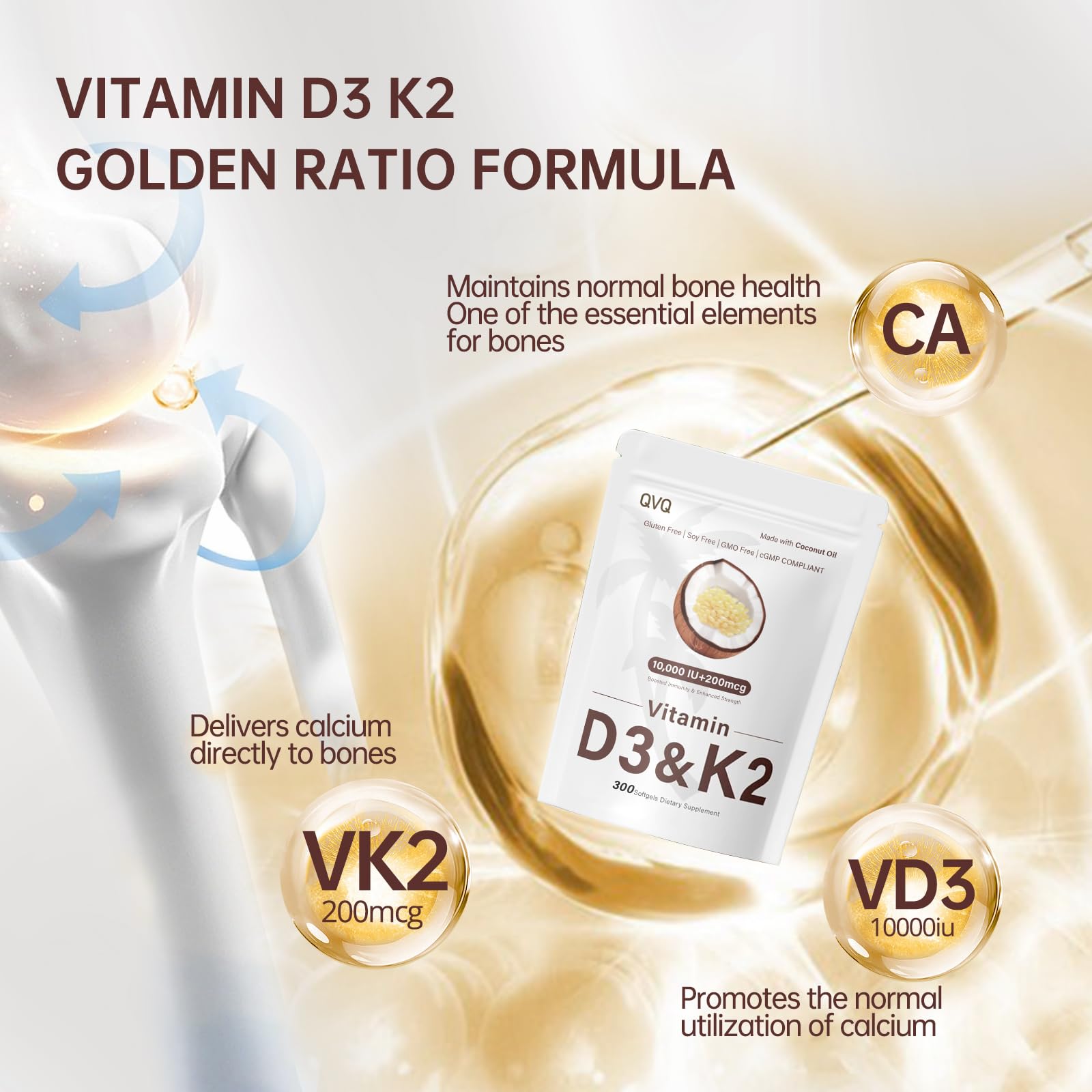 QVQ D3 K2 softgels label close-up on packaging.