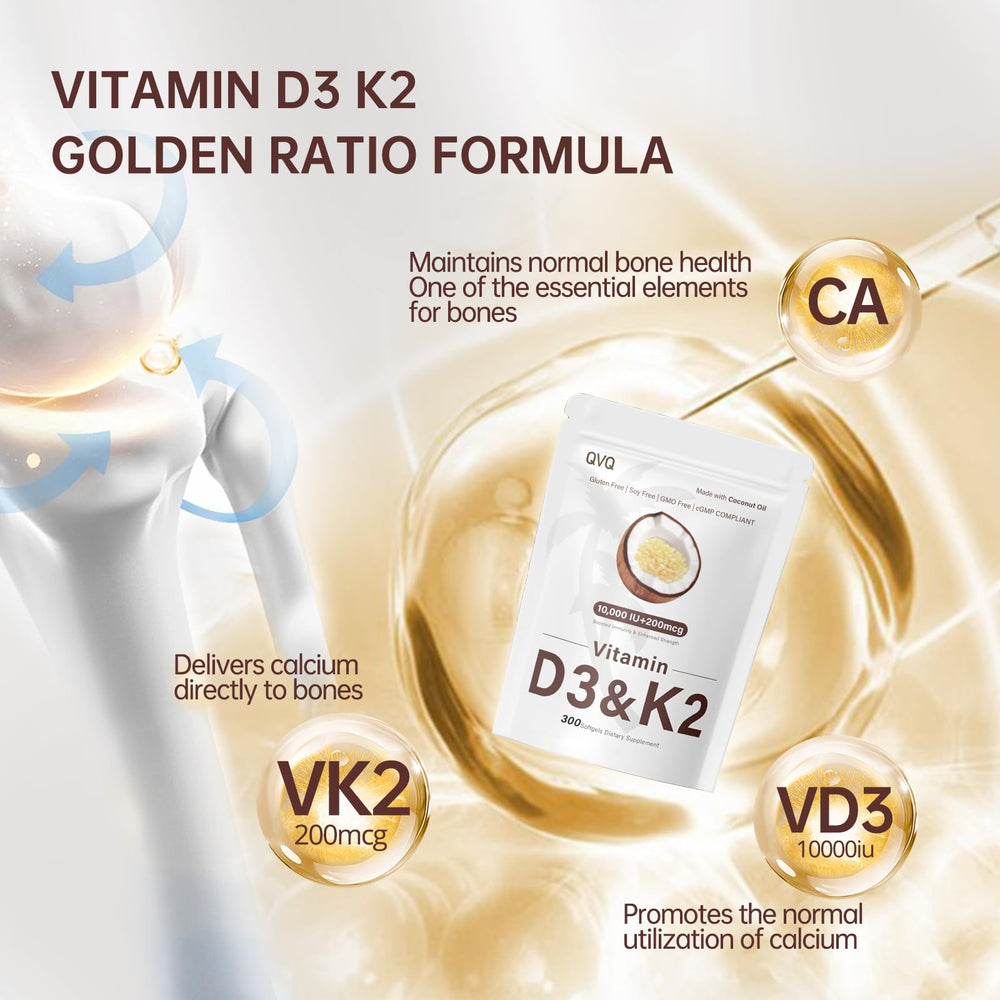 QVQ D3 K2 softgels label close-up on packaging.