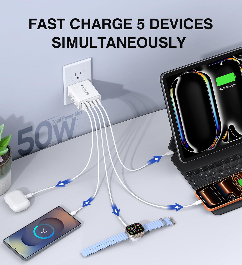 Qwinjwin 2-pack 50W USB-C charger top view with five-port layout.