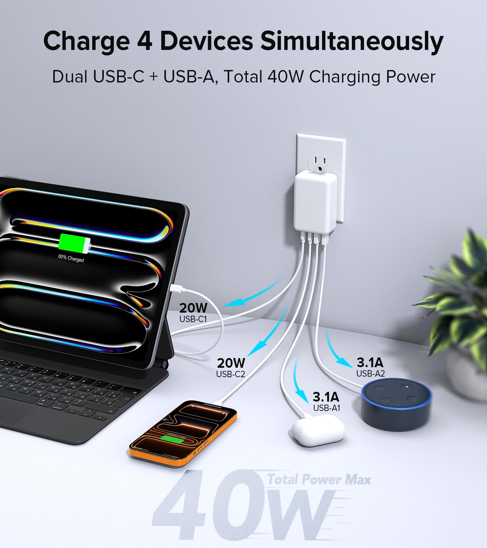 Qwinjwin 40W quad-port compact design enables simultaneous charging of phone and tablet