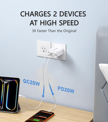 Qwinjwin 5-port USB-C charger on desk for multi-device charging.