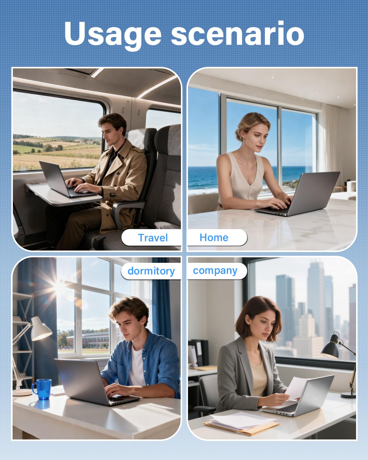 QXA usage scenarios show calm power at home, office, or travel.
