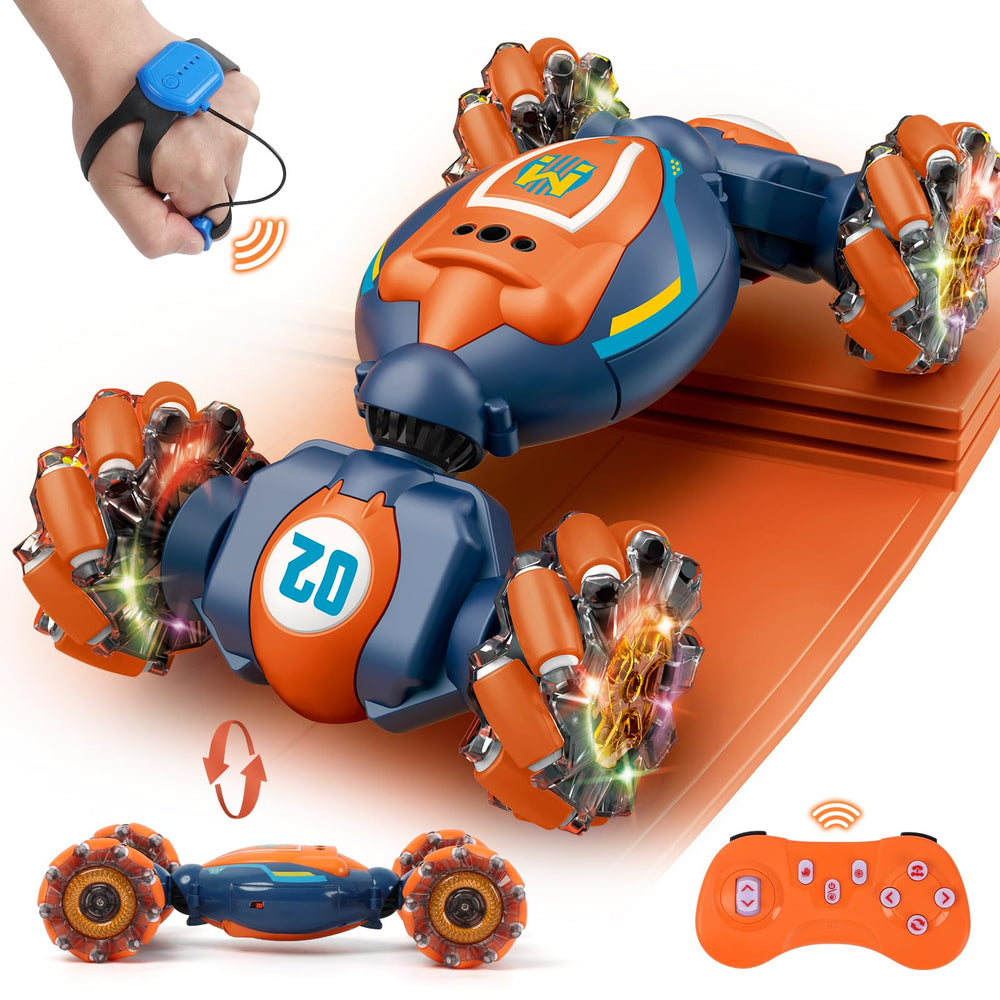 QXHOL gesture-sensing RC stunt car side view shows compact control-ready design