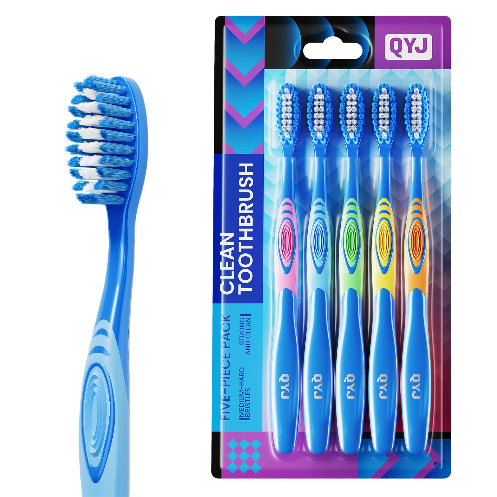 QYJ manual medium-bristles toothbrush for adults offering balanced cleaning and gum care