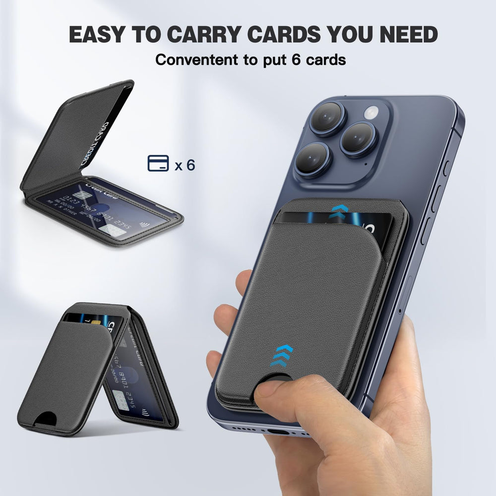 QYQBOON Mag-Safe Wallet adjustable stand shows three angles for hands-free viewing