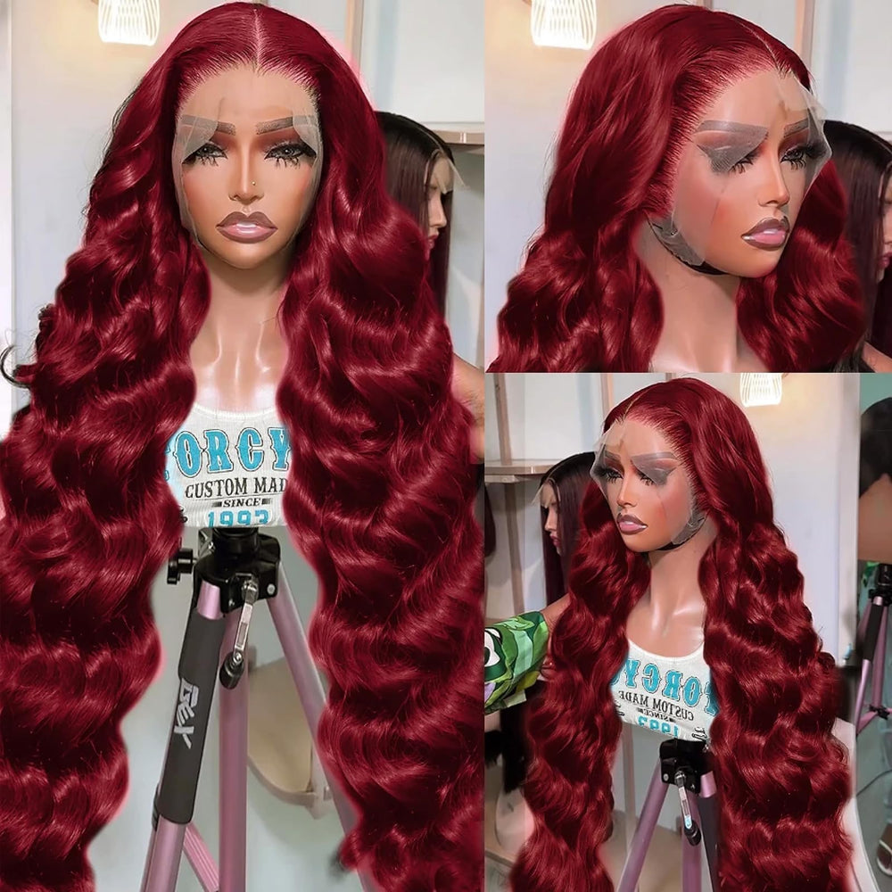 QZOQZO 99J burgundy body wave wig 13x6 for versatile parting.