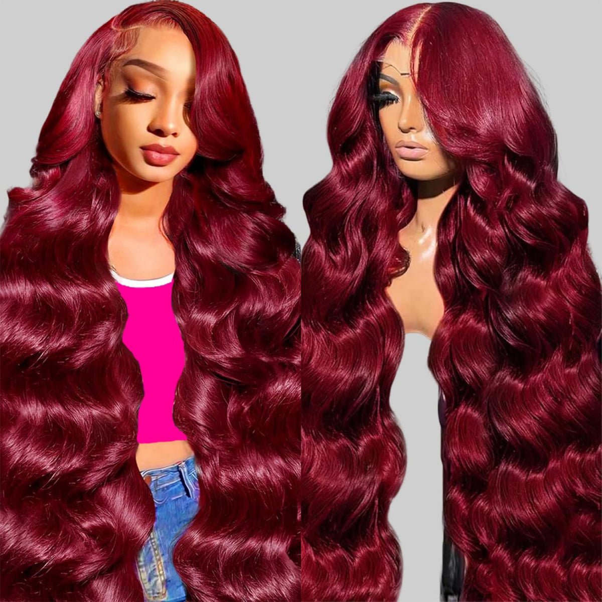 QZOQZO 99J burgundy lace front wig front view shows natural hairline for seamless styles