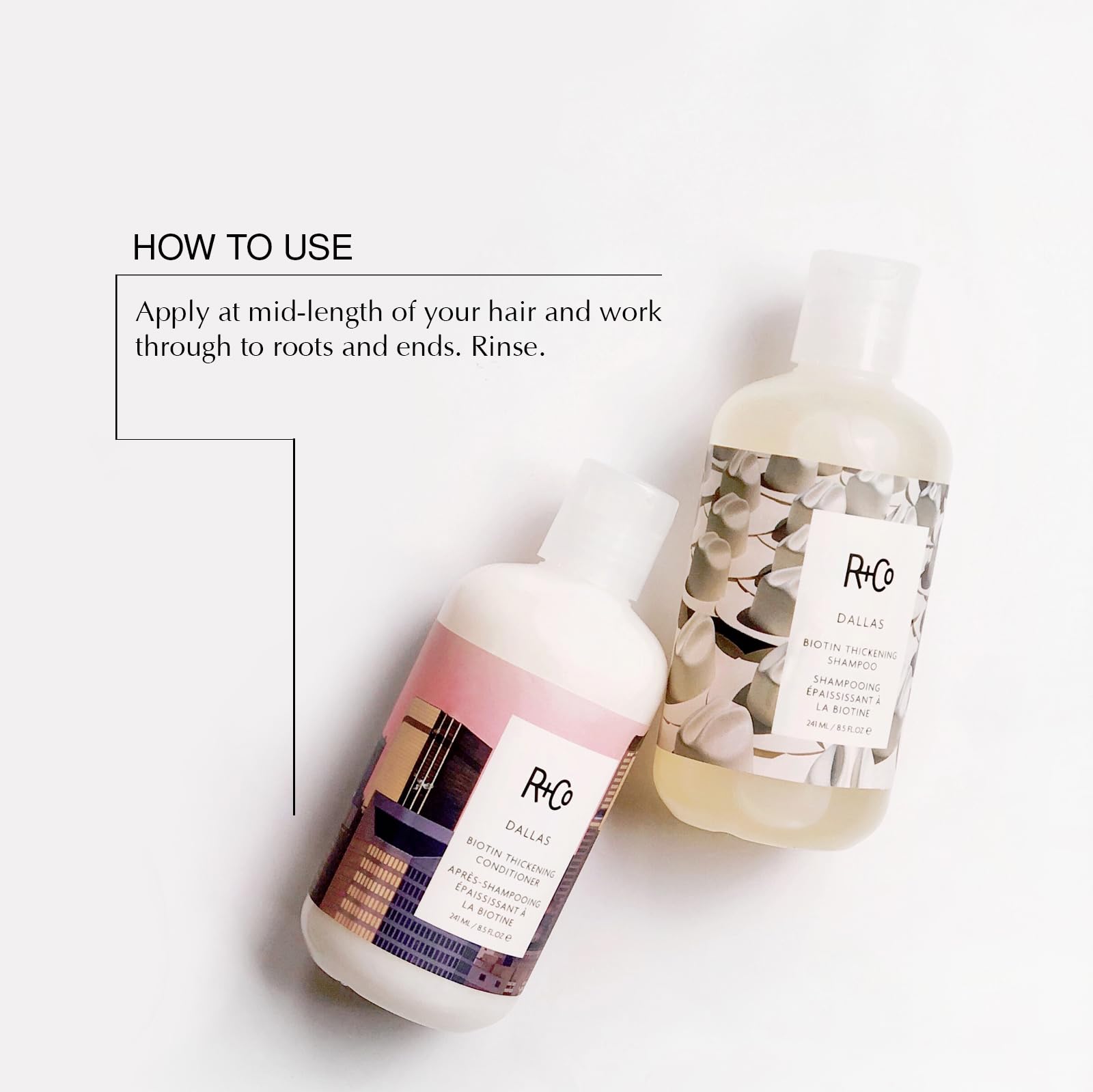 R+Co Dallas Thickening Conditioner bottle beside hair offers weightless fullness.