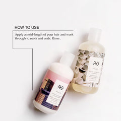 R+Co Dallas Thickening Conditioner bottle beside hair offers weightless fullness.